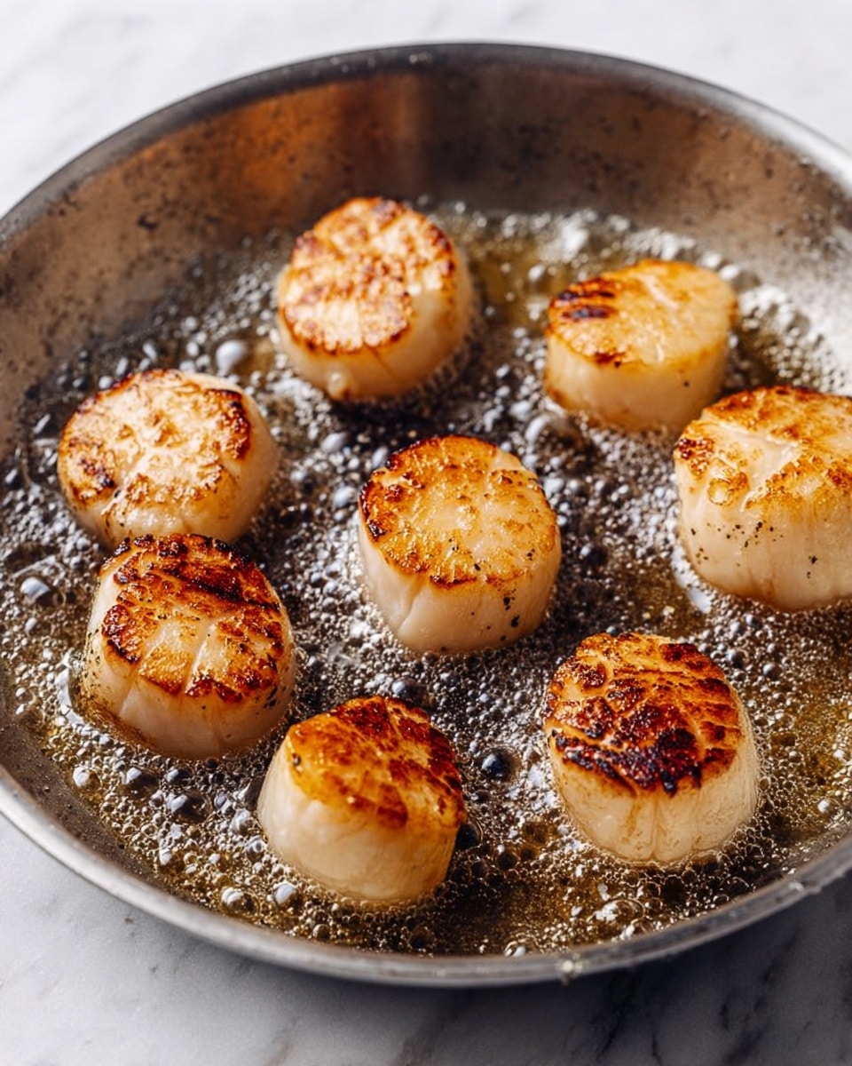Seven round scallops with golden brown, slightly crispy tops and a few dark grill marks are sizzling in a silver frying pan. The scallops are arranged evenly in the pan, cooking in bubbling oil that creates small shiny bubbles around each scallop. The pan is set on a white marbled surface, and the close-up focus highlights the texture of the tender, browned scallops and the sizzling oil. photo taken with an iphone --ar 4:5 --v 7