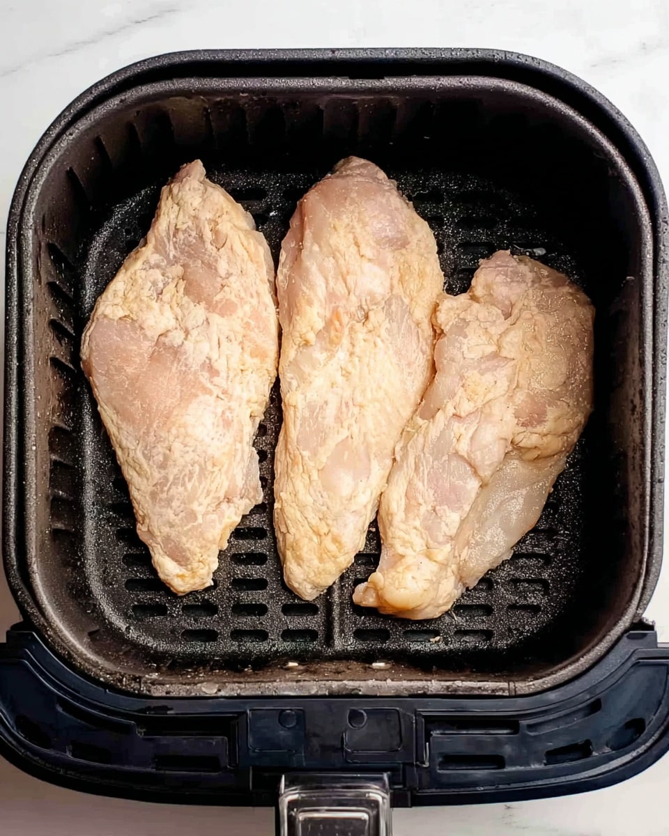 Three raw, pale beige chicken fillets with a slightly wet and uneven texture are placed side by side inside a black air fryer basket with a grid pattern on the bottom and ridged sides. The basket is open and set against a white marbled surface. The chicken fillets fill most of the basket, each showing some natural curves and irregularities in shape. photo taken with an iphone --ar 4:5 --v 7