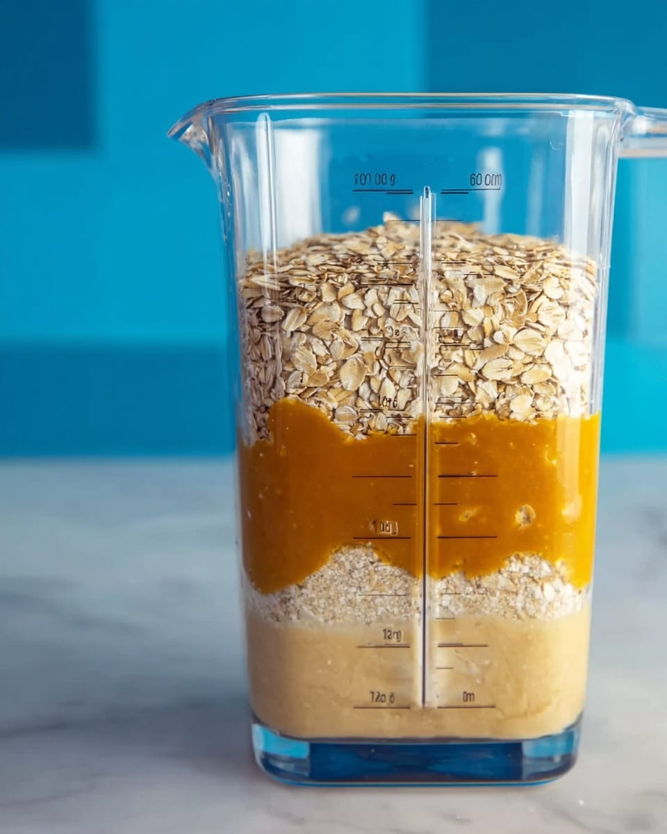 The image shows a clear blender container filled with three visible layers of ingredients. The bottom layer is a light beige color, smooth in texture, covering the base of the container. Above that is a thick, dark orange layer, dense and spread evenly. The top layer consists of dry, light beige rolled oats filling the container almost to the top. The container has measurement markings in black on its side, and it sits on a white marbled surface with a bright blue blurred background. photo taken with an iphone --ar 4:5 --v 7