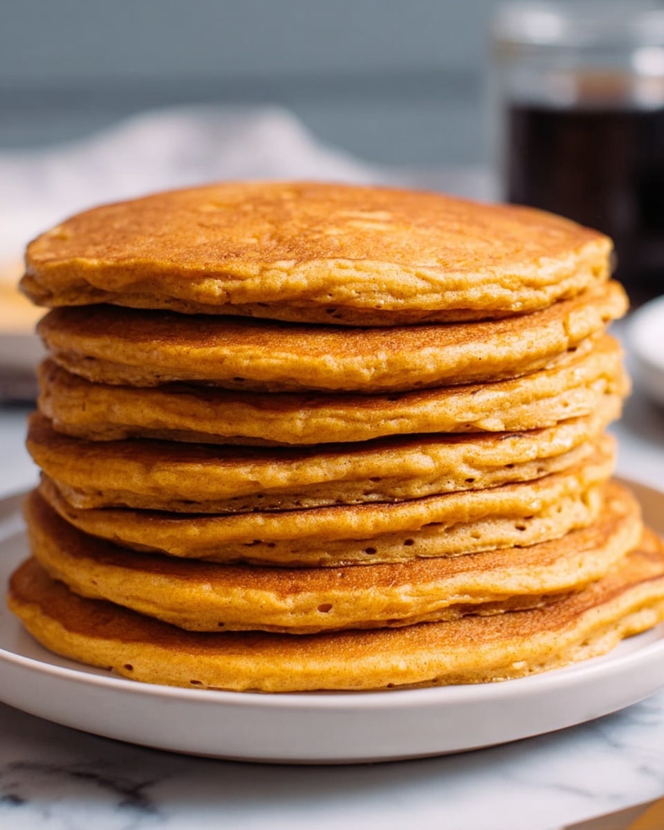 A tall stack of seven thick pancakes, each layer golden brown with a soft, fluffy texture and small air holes showing through the sides. The pancakes have a warm, light orange tint that suggests a flavor like pumpkin or spice. They are neatly stacked on a white plate with smooth edges, placed on a white marbled surface. The background is soft and blue-grey, with a blurred dark glass container holding a dark liquid visible behind the plate. Photo taken with an iphone --ar 4:5 --v 7