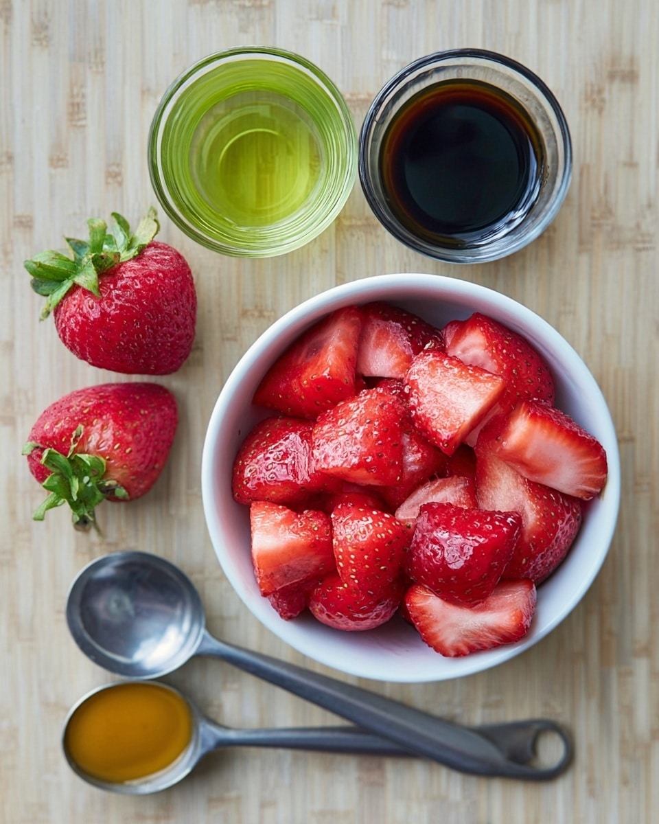 The image shows a small white bowl filled with bright red strawberry pieces that are cut into halves and quarters, giving a fresh, juicy texture and layered look inside the bowl. Next to the bowl are two whole strawberries with green leafy tops resting directly on a wooden surface with a subtle grid pattern. Above the bowl are two small glass containers; one holds a light green liquid and the other a dark black liquid, both creating smooth, shiny textures. Below, two metal measuring spoons lay on the surface, one with a smooth yellow mustard-like paste and the other with a dark brown liquid, each contrasting against the white marbled texture background. Photo taken with an iphone --ar 4:5 --v 7