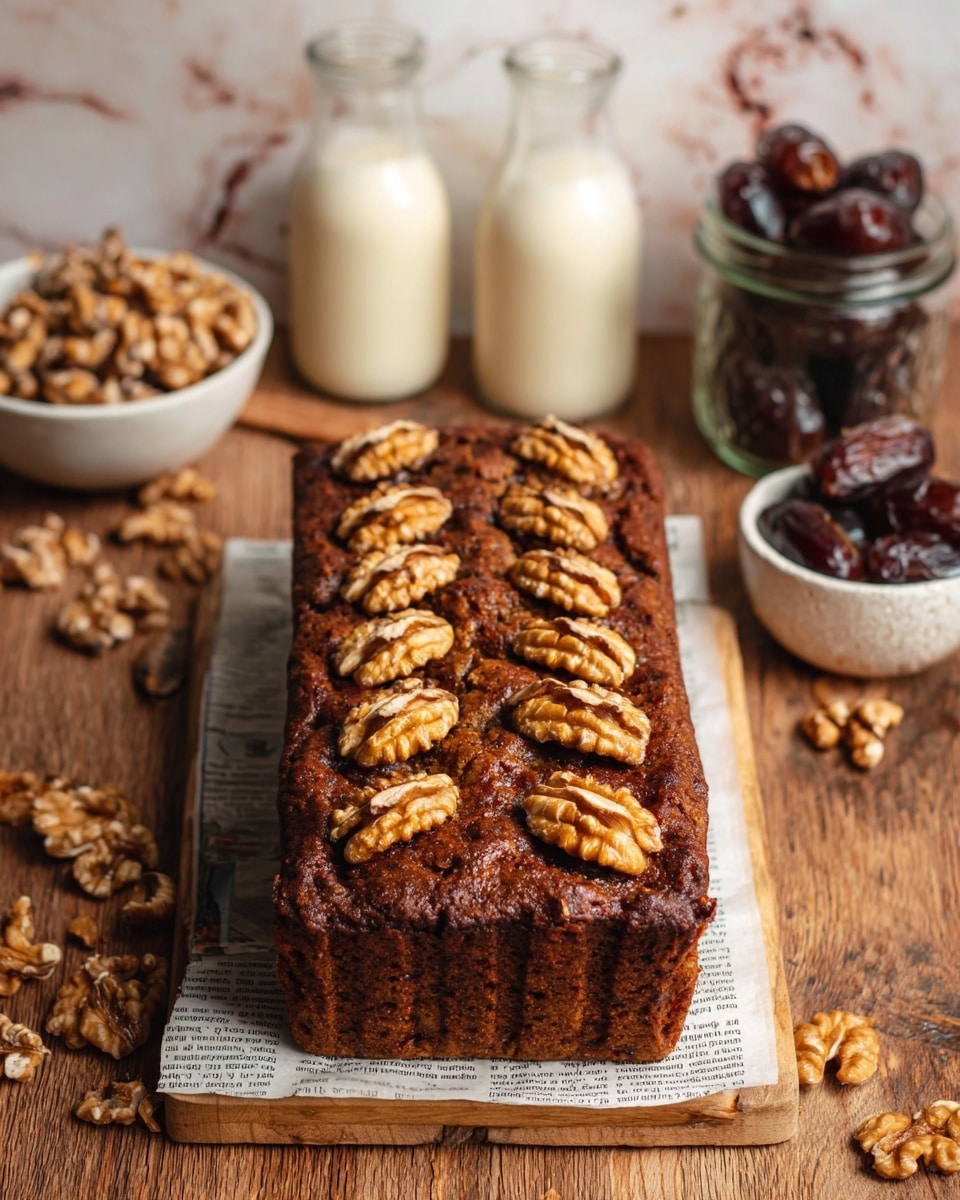 A rectangular dark brown cake with a rough, bumpy surface is shown, topped with twelve large walnut halves evenly spaced on top. The cake sits on a piece of newspaper on a wooden table. Around it, a white bowl with walnuts on the left, a glass jar filled with walnuts on the right, and a white bowl with dark brown dates are visible. There are two glass bottles filled with a creamy liquid in the background. The scene has a cozy, rustic feel with a white marbled texture background. photo taken with an iphone --ar 4:5 --v 7
