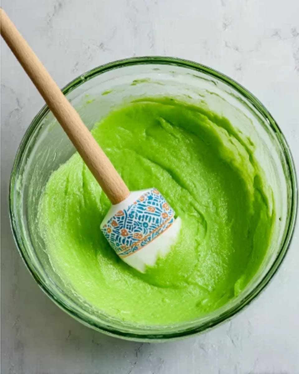 A clear glass bowl contains a bright green, smooth paste with a thick texture. A wooden spatula with a white silicone head that has blue and orange patterns rests inside the bowl, partially covered with the green mixture. The bowl sits on a white marbled surface. Photo taken with an iphone --ar 4:5 --v 7