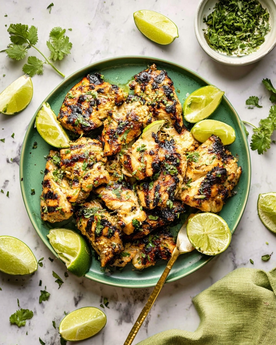 Two white bowls filled with a base layer of white rice, topped with three pieces of grilled golden-brown chicken each, scattered with small green cilantro leaves. Each bowl has two bright green lime wedges placed on the rice beside the chicken. One bowl includes a gold fork resting on the edge. Surrounding the bowls are fresh cilantro leaves and lime wedges on a white marbled surface, with a green cloth napkin beside the lower bowl. In the background, there's a small white bowl with chopped cilantro and a lime wedge on top. photo taken with an iphone --ar 4:5 --v 7