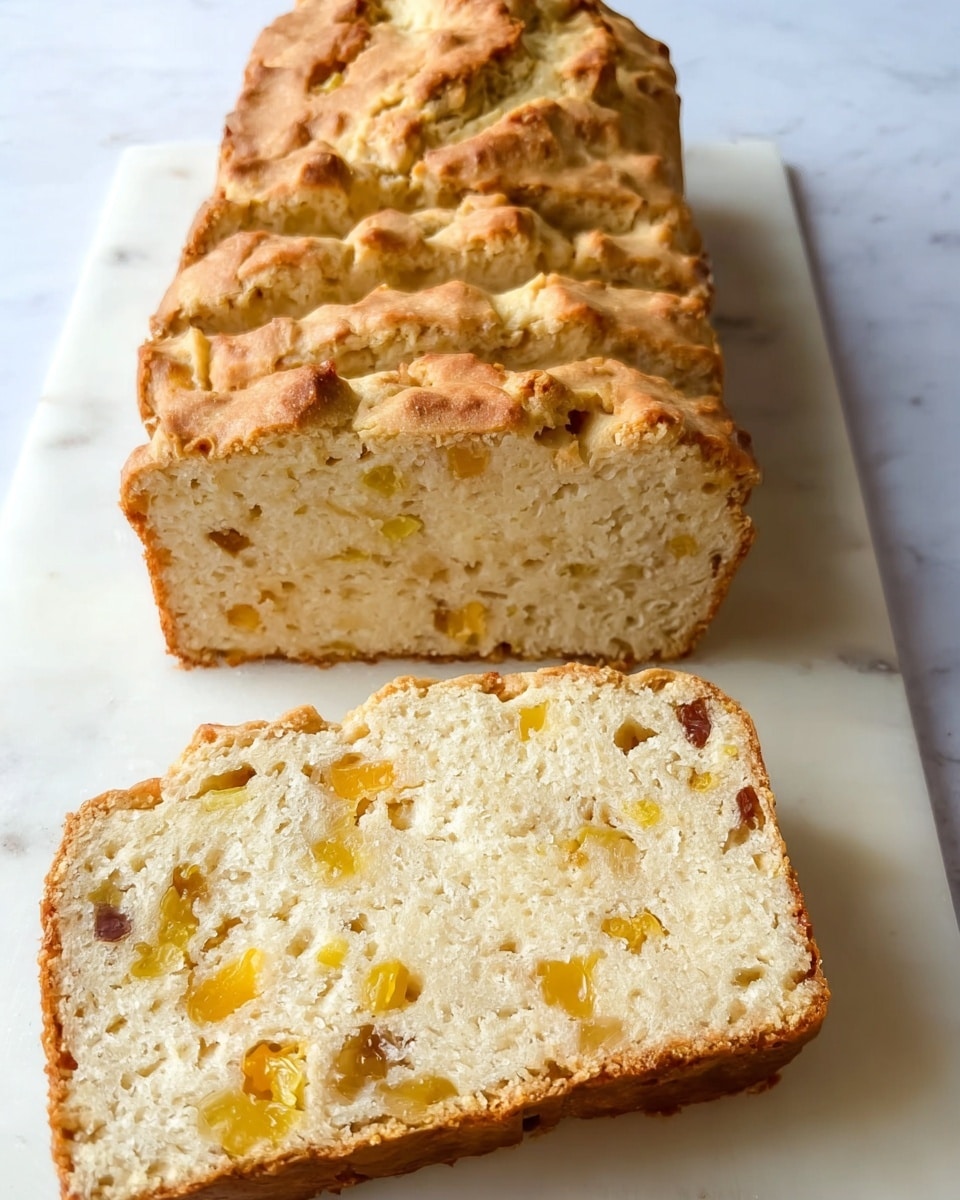 The image shows a loaf of fruit bread sliced into several pieces arranged in a line on a white marbled surface. The bread has a golden-brown crust with a rough, cracked texture. Inside, the bread is pale yellow with small chunks of yellow fruit scattered evenly throughout. The slices reveal soft, moist layers with a light crumb structure. Two slices are stacked slightly overlapping behind the front loaf. The photo taken with an iphone --ar 4:5 --v 7