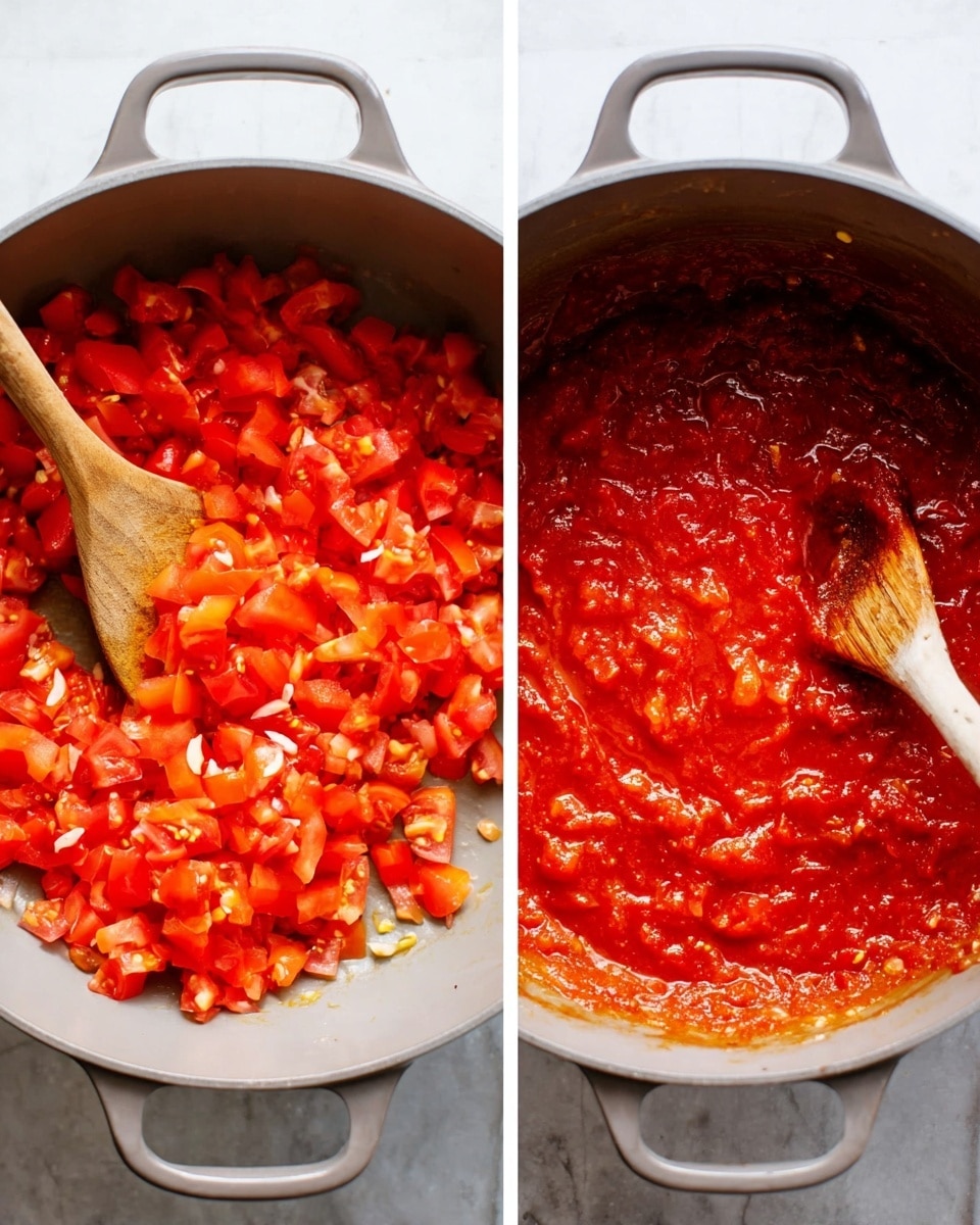 Two side-by-side images of a grey pot on a white marbled surface show the process of making a tomato sauce. The left image has a layer of fresh, bright red chopped tomatoes with some small bits of garlic visible, being stirred by a wooden spoon held by a woman's hand. The right image shows the same pot with tomatoes now cooked down into a thick, soft, chunky red sauce with a shiny, slightly glossy texture. Photo taken with an iphone --ar 4:5 --v 7