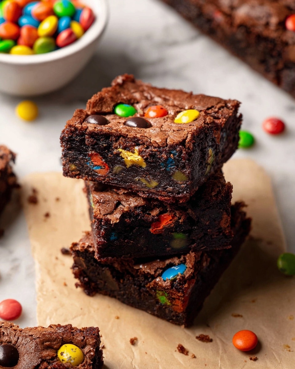 Three thick, square brownies stacked on top of each other are shown, each with a dark brown, moist texture and colorful candy pieces embedded throughout. The candy pieces are orange, yellow, green, blue, and red, adding bright spots to the rich chocolate surface. The brownies are on a light brown parchment paper with some candy pieces scattered around, and a white bowl filled with colorful candies can be seen in the top left corner. The whole set is on a white marbled surface. photo taken with an iphone --ar 4:5 --v 7