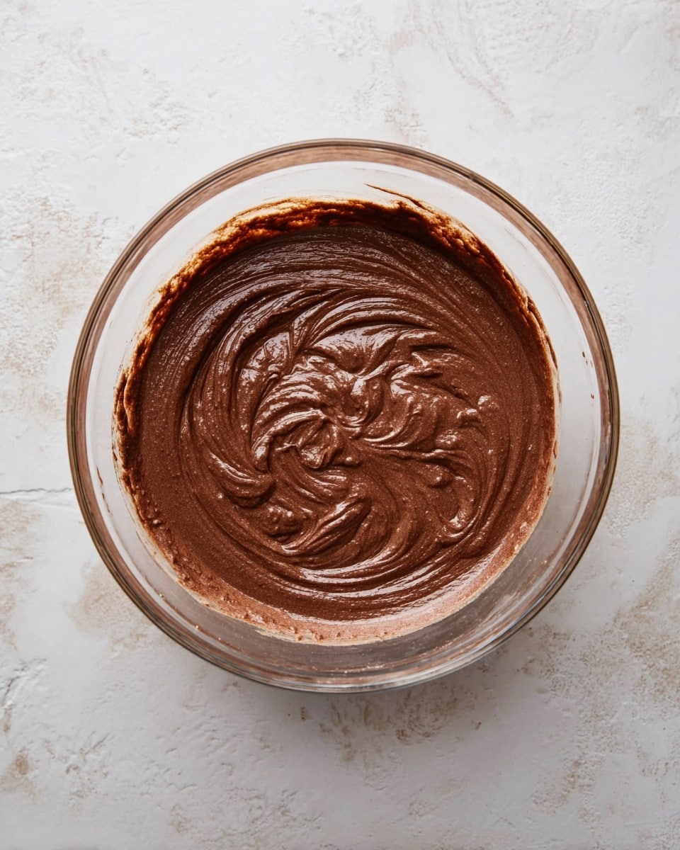 A clear glass bowl filled with smooth, rich chocolate batter with visible swirls on the surface, showing a thick and creamy texture. The batter is deep brown and evenly spread inside the bowl. The bowl is resting on a white marbled surface with soft light highlighting the glossy texture of the chocolate mixture. photo taken with an iphone --ar 4:5 --v 7