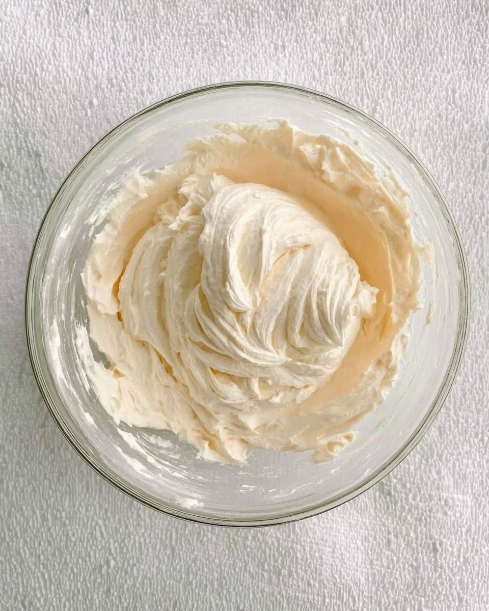 A clear glass bowl filled with smooth, creamy off-white whipped mixture, showing swirls and soft peaks on the surface. The bowl is placed on a white marbled textured surface. The texture looks thick and fluffy, with slight glossy highlights around the edges. photo taken with an iphone --ar 4:5 --v 7