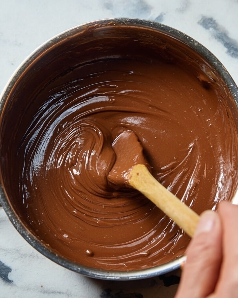 A close-up image shows a shiny metal pot filled with smooth, thick chocolate batter being stirred with a wooden spoon. A woman's hand holds the spoon, mixing the rich brown batter that has a glossy texture and visible swirls from the stirring motion. The background features a white marbled surface, adding contrast to the dark color of the batter. photo taken with an iphone --ar 4:5 --v 7