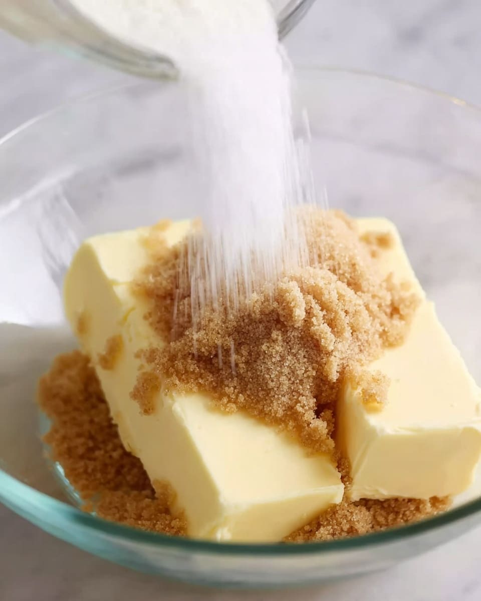 The image shows a close-up of a clear glass bowl on a white marbled surface, filled with three thick, pale yellow sticks of softened butter. On top of the butter, there is light brown sugar piled unevenly. A stream of white sugar is being poured into the bowl, creating a blurred motion effect above the pile of brown sugar and butter. The texture of the brown sugar is crumbly, while the butter looks smooth and creamy. Photo taken with an iphone --ar 4:5 --v 7