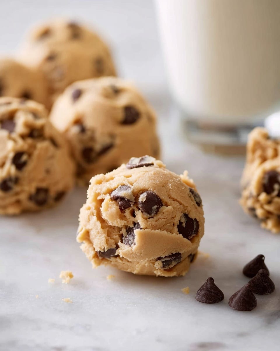 The image shows several rough scoops of chocolate chip cookie dough placed directly on a white marbled surface. The dough is light brown with many small, dark brown chocolate chips scattered throughout each scoop. The scoops are uneven but compact, giving a textured appearance. In the background, there is a clear glass filled with white milk, slightly blurred to keep focus on the dough scoops in the front. A few chocolate chips are visible on the surface near the scoops. The overall color palette is warm and neutral with light browns and creamy whites. photo taken with an iphone --ar 4:5 --v 7