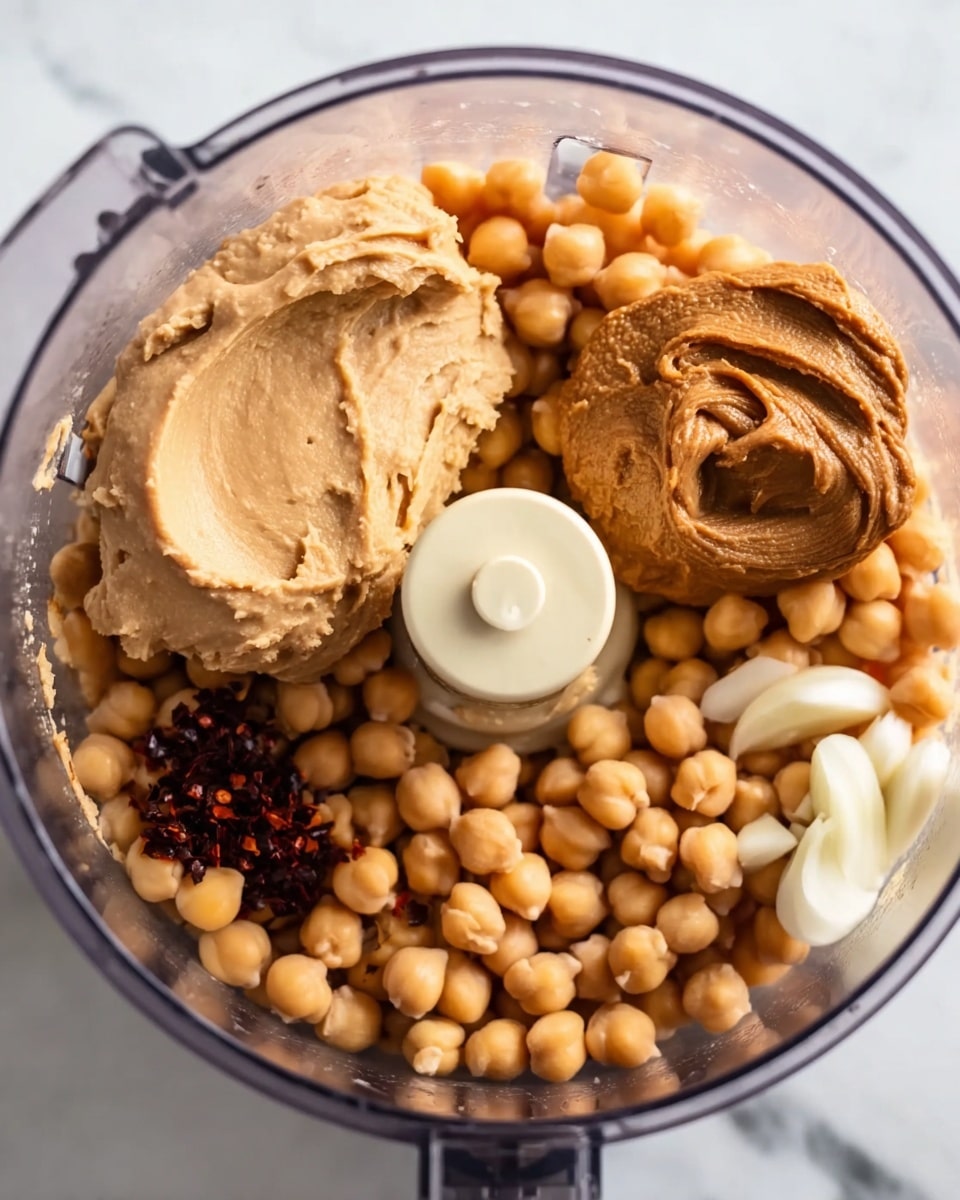 Inside a clear food processor bowl, there are many round, tan chickpeas spread out as the base layer. On the left side, a big smooth dollop of light brown tahini sits, with a creamy texture and subtle swirled lines on top. Near the bottom right, a smaller dollop of darker, thick peanut butter is placed, while thin slices of white garlic are near the right edge. Some small dark red chili flakes rest atop a few chickpeas near the bottom left. The whole bowl sits on a white marbled surface, and a woman's hand is about to use it. Photo taken with an iphone --ar 4:5 --v 7