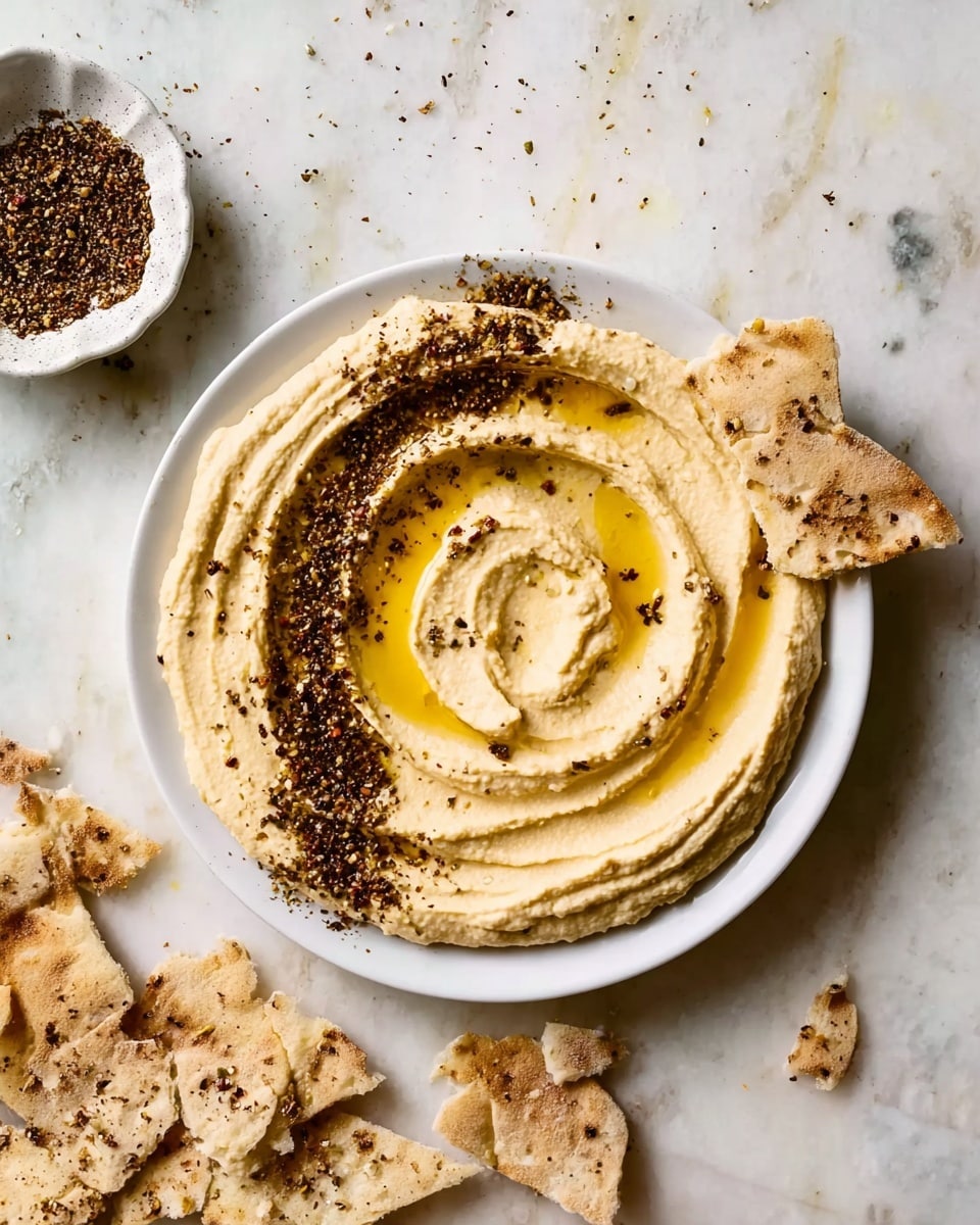 A white plate with smooth, creamy hummus spread in a circular swirl pattern, light beige in color with a drizzle of golden olive oil pooling slightly in the swirls. A scattered line of finely chopped dark brown and black spices or seasoning runs diagonally from the top left to the bottom right of the plate. To the right side of the plate, pieces of torn, light tan pita bread with some dark seasoning flakes are spread on the white marbled surface. In the top left corner, a small white bowl with dark textured seasoning is partially visible, with some seasoning scattered around it on the marbled surface. Photo taken with an iphone --ar 4:5 --v 7