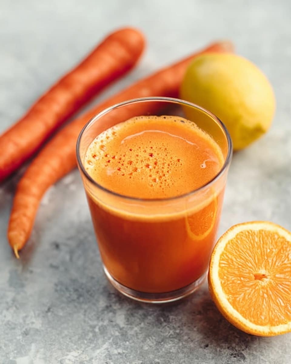 A clear glass filled almost to the top with a smooth, bright orange juice that has a slightly frothy surface showing tiny bubbles. Behind the glass, there are two whole carrots with a rich orange color, a whole yellow lemon, and an orange fruit cut in half revealing its juicy, segmented inside with a vibrant orange color. All items rest on a white marbled surface that adds light texture to the background. photo taken with an iphone --ar 4:5 --v 7