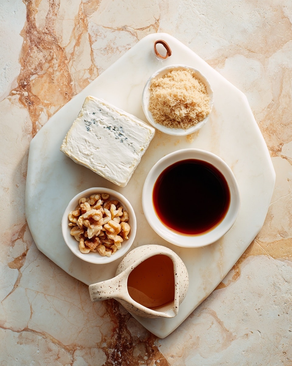 A rounded white marble board with a leather loop at the top holds four ingredient containers arranged in a loose diamond shape. At the top center, there is a silver-wrapped block of Philadelphia cream cheese with blue lettering. Below it is a small white bowl filled with a crumbly light brown sugar. To the lower left, another small white bowl contains chopped light tan nuts. To the lower right, a small transparent dark glass cup holds a thick dark brown liquid. Positioned below the board, a small white ceramic pitcher with brown speckles contains a medium brown liquid, set on the same white marbled surface with soft beige and gray tones. photo taken with an iphone --ar 4:5 --v 7