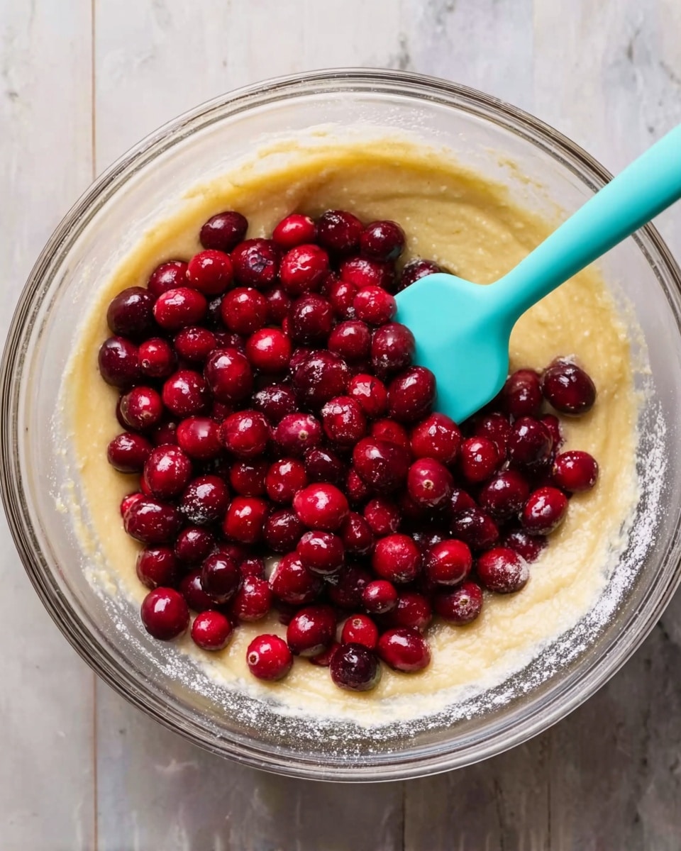 A clear glass bowl sits on a white marbled surface, filled with smooth, pale yellow batter that has a slightly thick texture. On top of the batter, there is a large pile of round, shiny deep red cranberries, some scattered along the edges. A turquoise silicone spatula with a light sheen is partially dipped into the batter and cranberries, resting in the bowl. The bowl's rim is dusted lightly with flour, creating a soft white outline around the mixture. photo taken with an iphone --ar 4:5 --v 7