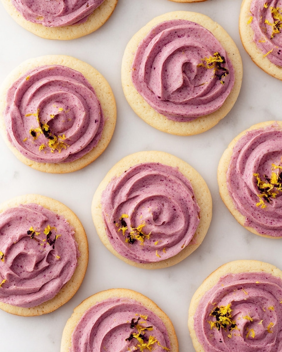 The image shows several round cookies with a smooth, light beige base layer. Each cookie is topped with a thick, swirled layer of purple-pink frosting that has a soft, creamy texture. Small bits of dark brown and bright yellow zest are sprinkled on one side of the frosting, adding a contrast in texture and color. The cookies are arranged evenly on a white marbled surface. photo taken with an iphone --ar 4:5 --v 7