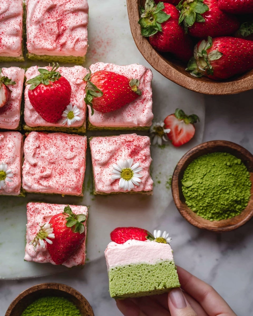 This image shows a dessert made of square pieces with two layers each. The bottom layer is green and looks soft and spongy, while the top layer is thick, light pink cream sprinkled with bright red powder. The cream has a smooth and slightly wavy texture. Some pieces have fresh strawberries and small white flowers placed on top. The squares are on a white marbled surface. Nearby, there is a wooden bowl with fresh strawberries and a smaller bowl filled with green powder. One square is picked up by a woman's hand, showing the two layers clearly. Photo taken with an iphone --ar 4:5 --v 7