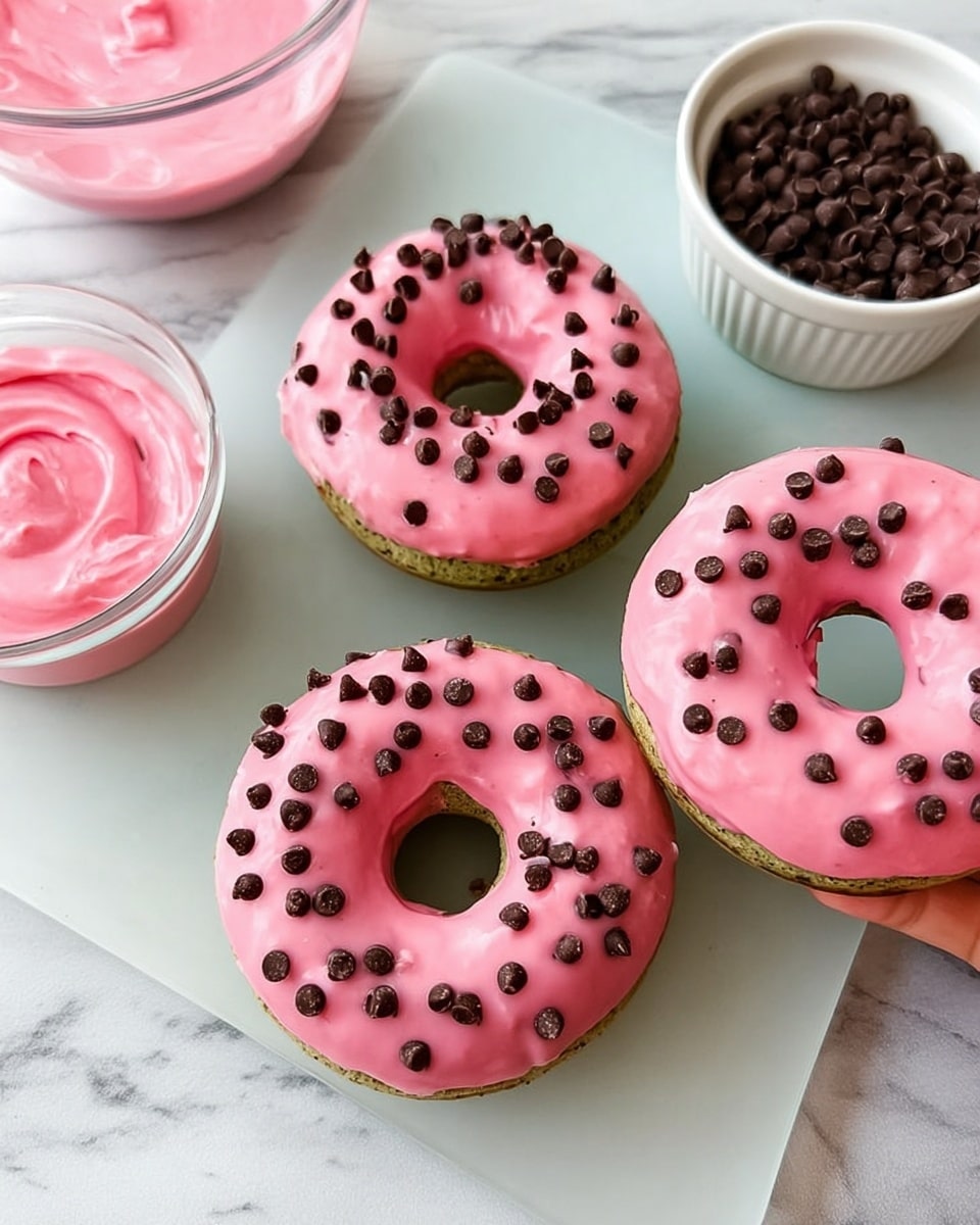 The image shows three donuts with pink icing on top, each sprinkled with small dark chocolate chips evenly spread across the icing. The donuts have a slightly greenish dough base visible around the edges below the icing. They sit on a clear glass board placed on a white marbled surface. To the left of the donuts, there is a white bowl filled with pink icing, and on the upper right, a white bowl holds extra dark chocolate chips. A woman's hand holds one donut on the edge, showing the texture of the icing and dough. Photo taken with an iphone --ar 4:5 --v 7