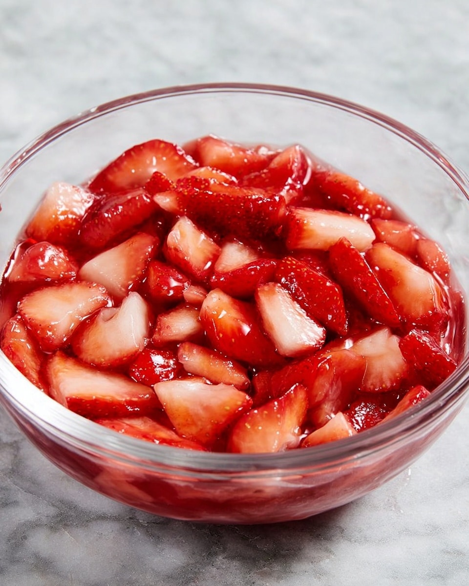 A clear glass bowl filled with a single layer of sliced strawberries mixed with a glossy red glaze, giving the fruit a shiny, juicy look. The strawberries are unevenly cut, showing different shades of red and some white from the inside of the fruit. The bowl is placed on a smooth white marbled surface that highlights the bright color of the strawberries. Photo taken with an iphone --ar 4:5 --v 7