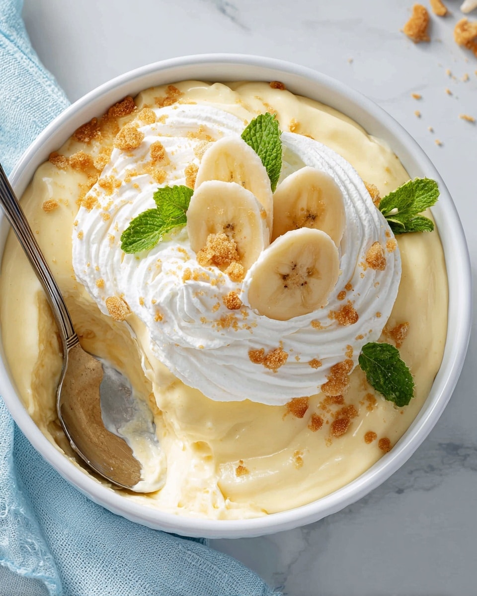 A white bowl filled with a creamy, light yellow banana pudding base, partly scooped out with a silver spoon resting inside. On top, there is a smooth swirl of white whipped cream with crumbly golden cookie pieces sprinkled over it. Three thin banana slices stand upright in the center of the whipped cream, garnished with small green mint leaves. The bowl is placed on a white marbled surface with a light blue cloth visible under one side. photo taken with an iphone --ar 4:5 --v 7