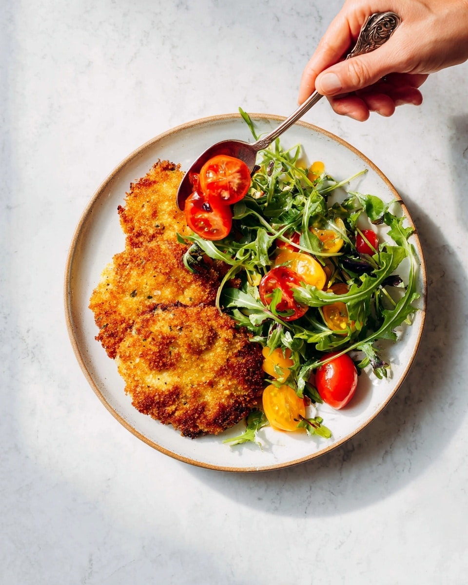 Two crispy golden brown cutlets lay face up on a white plate with light brown edging, covering the left half. On the right side of the plate, there is a fresh mix of green arugula leaves and cut cherry tomatoes in red, yellow, and orange colors, making a small pile. A woman's hand holds a spoon above the plate, moving a halved red cherry tomato among the greens. The plate sits on a white marbled surface with soft lighting highlighting the textures of the food. photo taken with an iphone --ar 4:5 --v 7