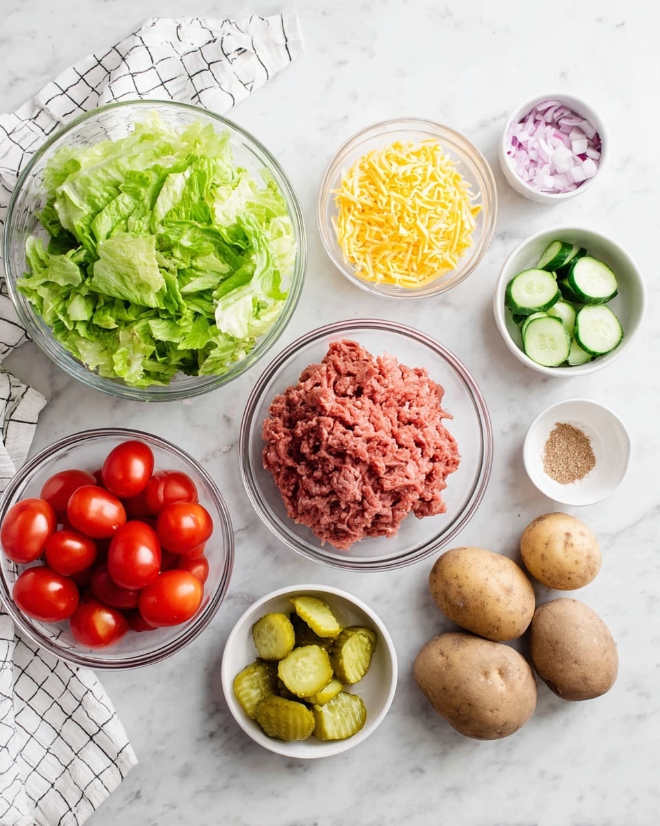 A white marbled surface holds several clear and white bowls with fresh ingredients arranged neatly. There is a large clear bowl of chopped green lettuce on the left, next to a small white bowl with shredded yellow cheese. In the center, a clear bowl holds raw ground meat with a pinkish-red color and textured strands. Below it, a white bowl is filled with bright red cherry tomatoes. To the right, a small white bowl contains round slices of green cucumber, and another small white bowl has light yellowish-green crinkle-cut pickles. Next to these are a couple of whole brown potatoes and two tiny white bowls, one with finely chopped red onion and the other with a light brown powder spice. A white towel with a black grid pattern is partly visible in the top left corner. photo taken with an iphone --ar 4:5 --v 7