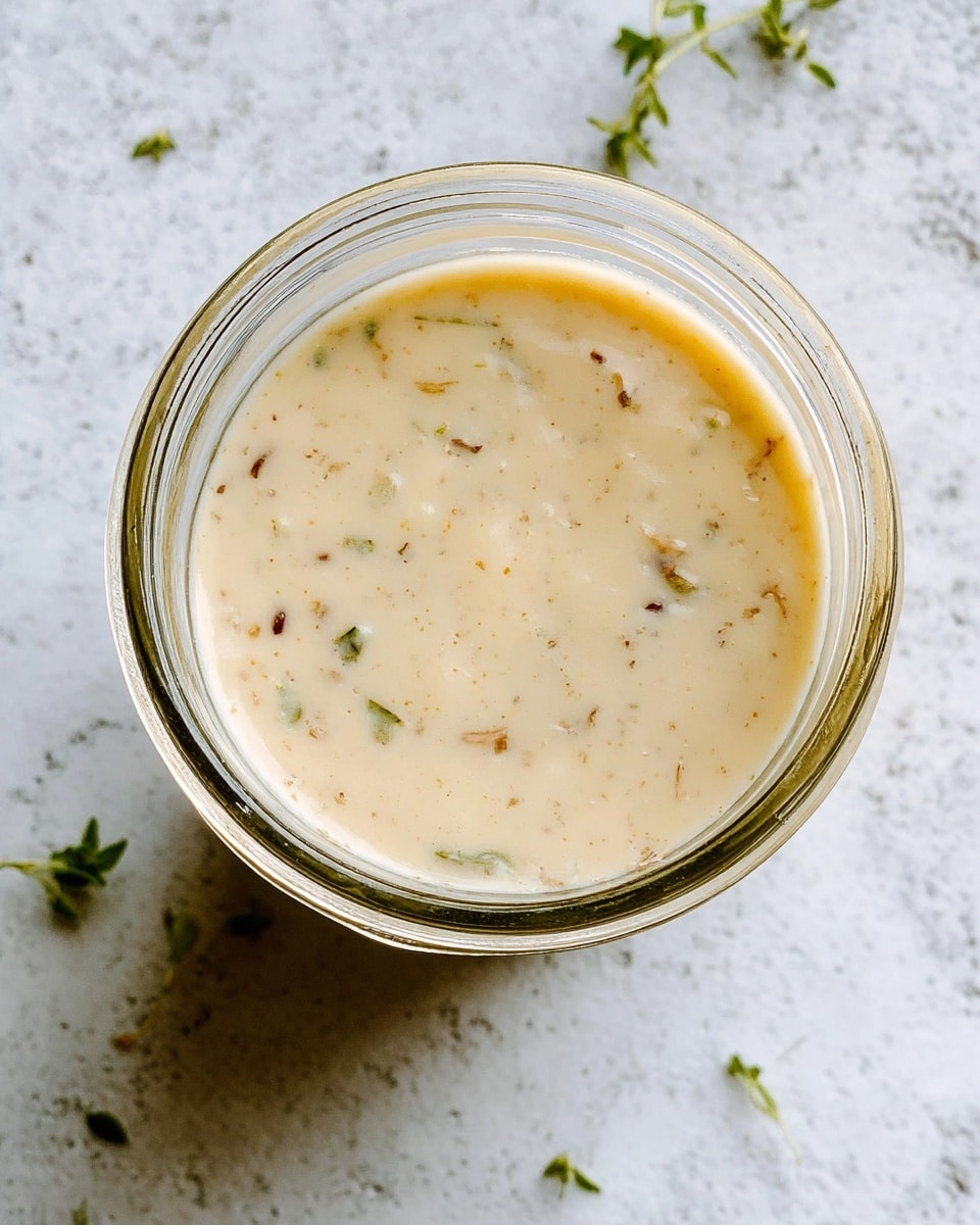 A close-up of a small clear glass jar filled with a light beige sauce with tiny brown and green herb bits evenly spread throughout. The jar sits on a white marbled surface with a few small green herb pieces scattered around it. The sauce looks smooth with a slightly thick texture. Photo taken with an iphone --ar 4:5 --v 7