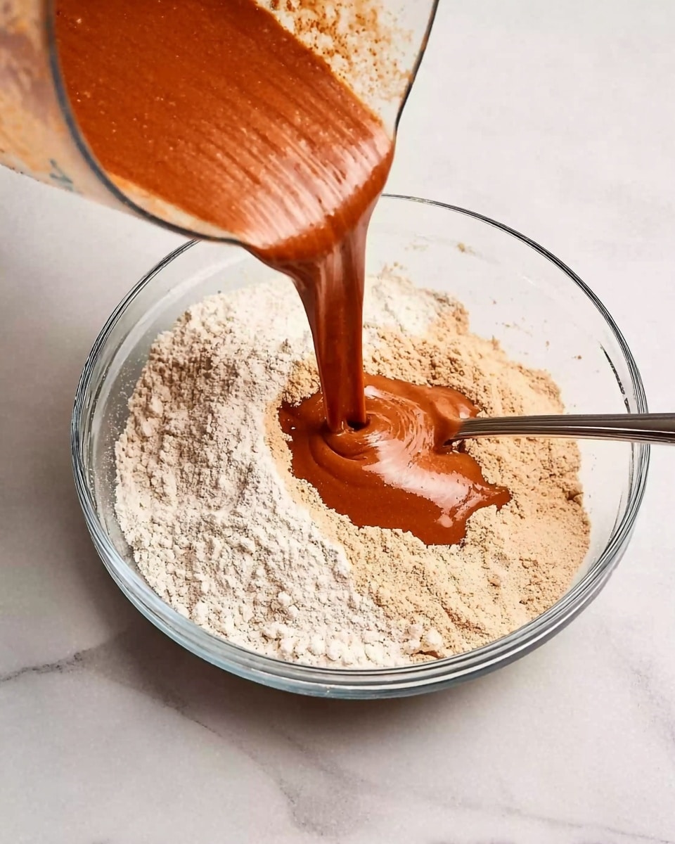 A transparent glass bowl sits on a white marbled surface, containing a dry layer of light beige flour with a slightly powdery texture. A second layer of rich, smooth, reddish-brown liquid batter is being poured from a clear blender jar into the bowl, partially covering the flour. A silver spoon rests inside the bowl, mixing the two layers together, with the spoon’s handle leaning against the bowl’s side. Photo taken with an iphone --ar 4:5 --v 7