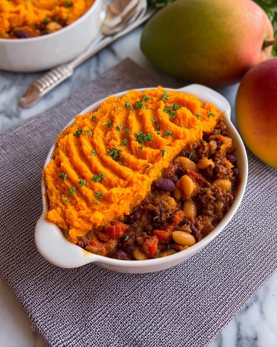 A white oval dish filled with two layers: the bottom layer is a dark brown and red mix of cooked ground meat and white beans with visible chunks of tomato, and the top layer is bright orange mashed sweet potatoes spread evenly with a ridged texture on top, garnished with small green herb pieces scattered over it. The dish is placed on a gray checkered cloth over a white marbled surface, with part of another similar dish visible on the left and two ripe mangoes and a peach to the right. Photo taken with an iphone --ar 4:5 --v 7