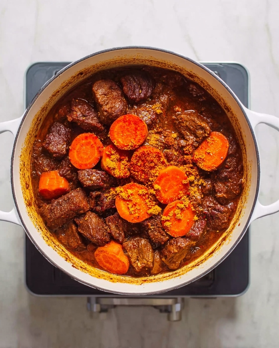 A white pot sits on a stove with a stew inside, showing chunks of dark brown meat mixed with a rich, thick sauce that has red and yellow spices scattered on the surface. Bright orange, round carrot slices are spread on top, adding a splash of color. The stew has a textured, hearty look with visible spices and juices blending together. The scene is set on a white marbled surface, and the image is taken from above, giving a clear view of the pot and its contents. photo taken with an iphone --ar 4:5 --v 7