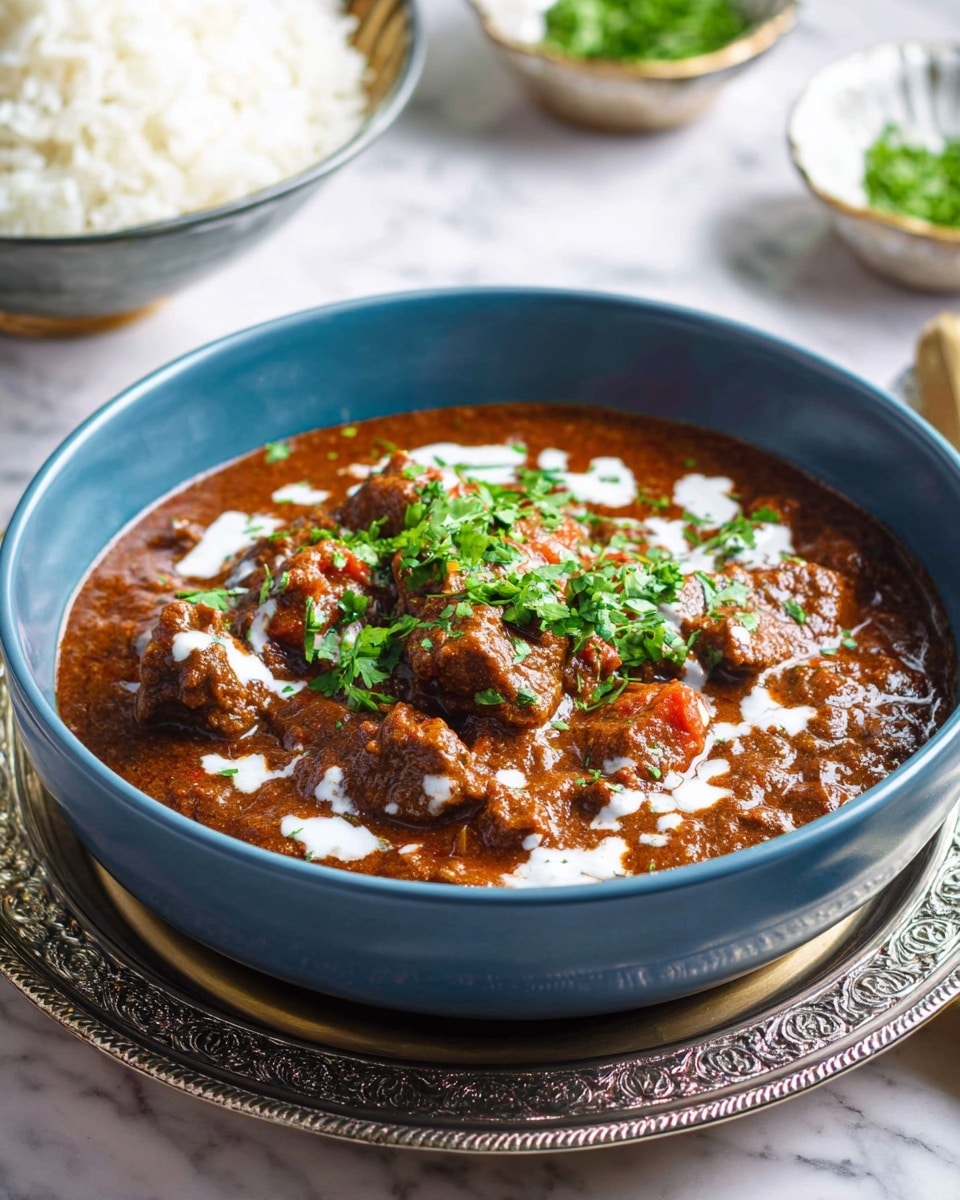 A blue bowl filled with rich dark brown curry showing chunky pieces of meat and some visible red tomato pieces mixed in. The curry sauce looks thick and is topped with small dollops of white cream drizzled unevenly across the surface. There is a sprinkling of fresh green chopped cilantro over the curry, adding a fresh contrast. The blue bowl is placed on a round silver tray with detailed patterns. The scene is set on a white marbled surface, with a blurred bowl of white rice and a blurred small white bowl of green herbs in the background. Photo taken with an iphone --ar 4:5 --v 7