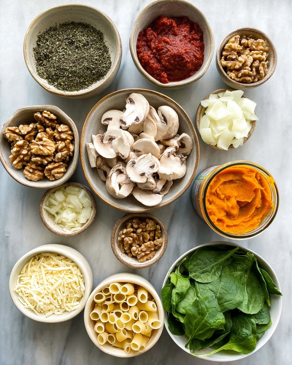 The image shows a top view of several small bowls and a can placed on a white marbled surface, each containing different cooking ingredients. There are nine main sections: a bowl filled with green dried herbs, a bowl with red tomato paste, a bowl of walnut halves, a bowl with chopped white onions, a bowl of sliced brown mushrooms, a bowl filled with fresh green spinach leaves, an open can showing orange pumpkin puree, a bowl with uncooked short rigatoni pasta, and two small bowls with shredded cheeses, one with grated Parmesan and the other with mozzarella. The bowls are mostly ceramic with natural earth tones or white, arranged closely but not overlapping, showing the texture and colors of each ingredient clearly, photo taken with an iphone --ar 4:5 --v 7