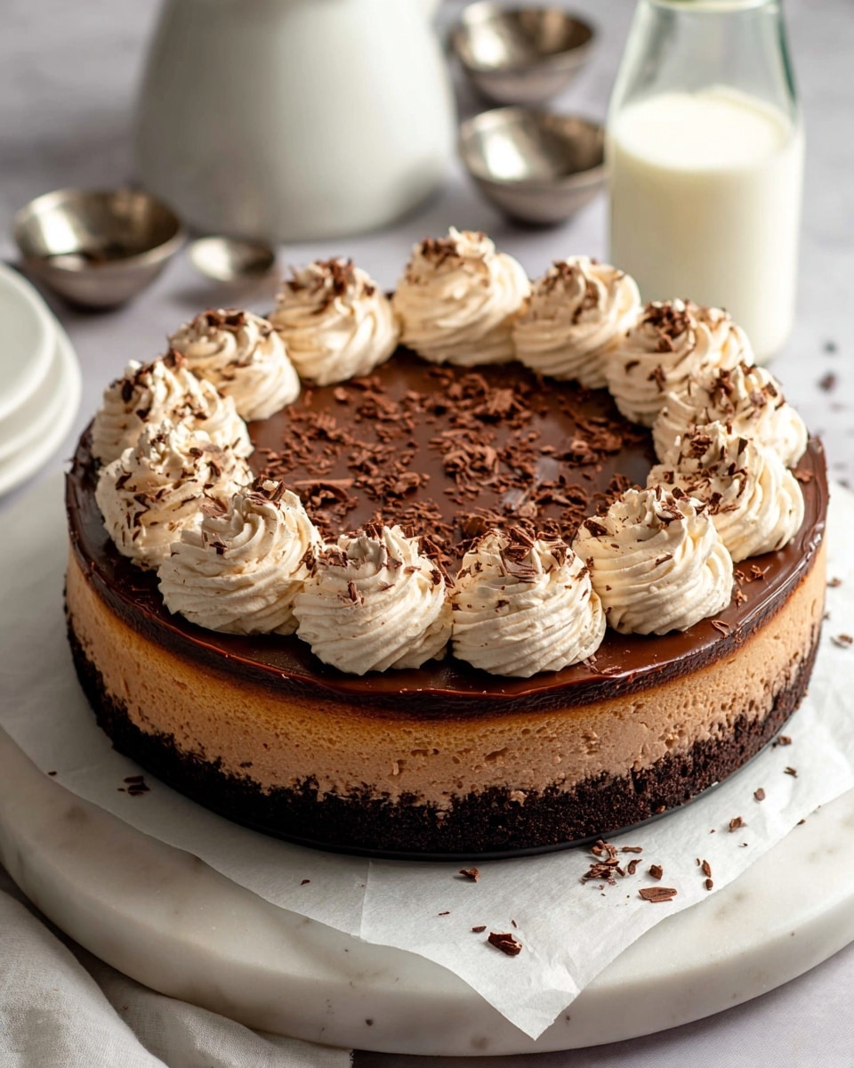 This dessert has three visible layers: a dark brown bottom crust, a light tan middle layer, and a smooth dark chocolate top layer. On the chocolate surface, there are ten swirls of light brown whipped cream evenly placed in a circle near the edge. Small chocolate shavings are scattered on the whipped cream and the chocolate top. The cake is placed on white parchment paper on a round white marble surface. In the background, there is a clear glass bottle of milk and a white ceramic pitcher, along with two small silver bowls. Photo taken with an iphone --ar 4:5 --v 7