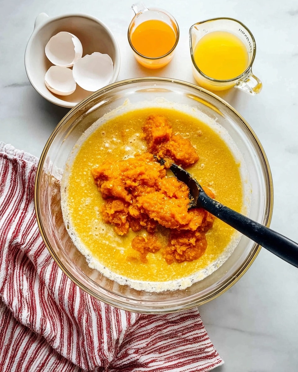 A large clear glass bowl sits on a white marbled surface with a red and white striped cloth nearby. Inside the bowl is a yellowish liquid mixture with bright orange mashed pumpkin placed on top, creating two distinct layers with a textured look. A black spatula rests inside the bowl, partially submerged in the mixture. Around the bowl, there are three empty white eggshell halves in a small white dish and two glass measuring cups filled with yellow and orange liquids. The scene is bright and well-lit with soft natural light. Photo taken with an iphone --ar 4:5 --v 7