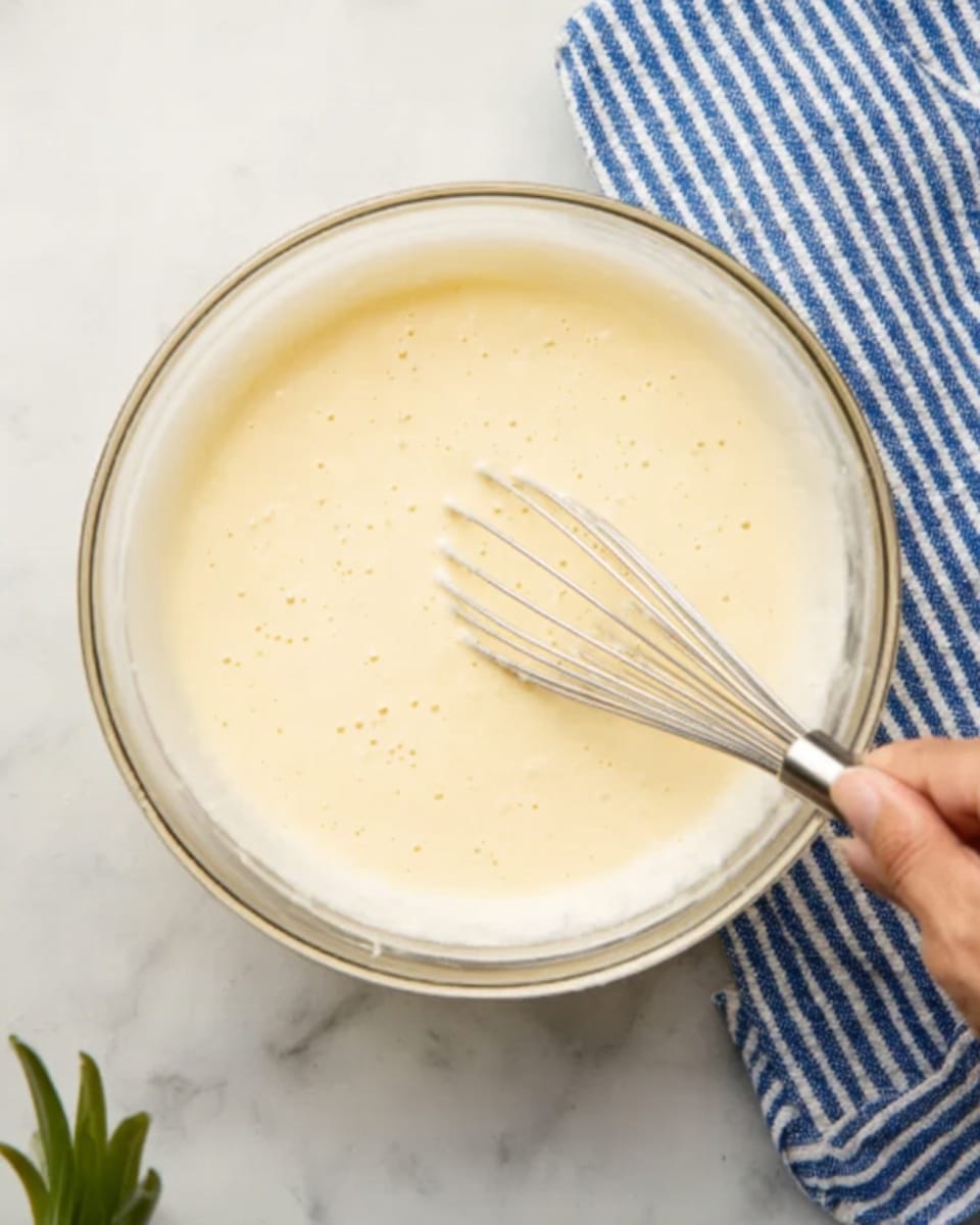 A clear glass bowl filled with a thick, pale yellow batter that has a smooth and creamy texture. A metal whisk with thin wires is inside the bowl, partially covered with the batter. A woman's hand holds the whisk, positioned at the lower right corner of the image. The bowl rests on a white marbled surface, next to a striped blue and white cloth. The light in the scene is soft and natural, highlighting the subtle bubbles on the batter surface. photo taken with an iphone --ar 4:5 --v 7