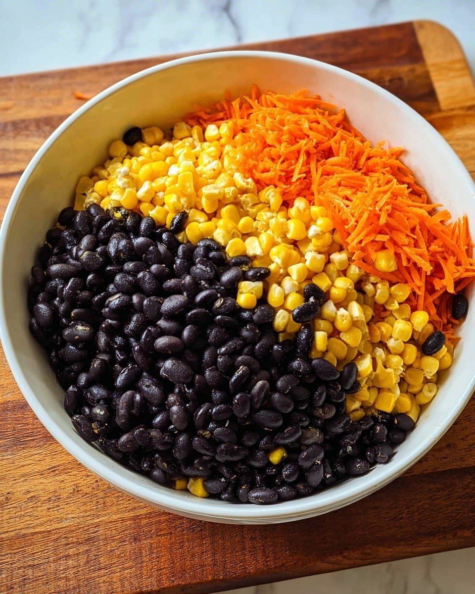 A white bowl is filled with three clear layers of food: the bottom layer is finely shredded orange carrots, the middle layer is bright yellow corn kernels scattered unevenly, and the top layer is shiny black beans covering most of the corn and carrot layers. The bowl sits on a wooden board with a background of white marbled texture. photo taken with an iphone --ar 4:5 --v 7