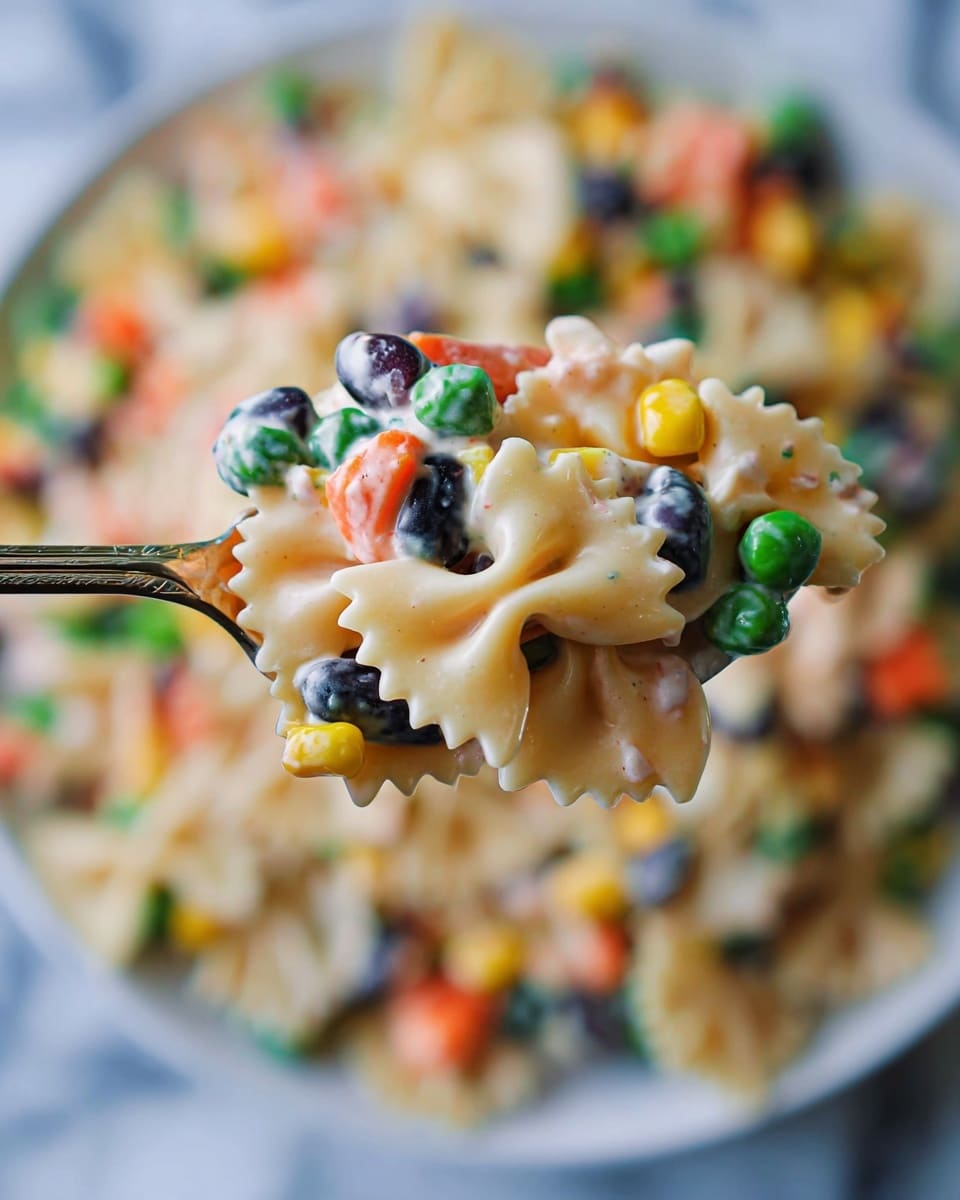 A close-up of a spoonful of pasta salad held by a woman's hand, showing three layers of food: at the bottom, pale cream-colored farfalle pasta with a smooth, slightly creamy texture; mixed throughout are bright yellow corn kernels, dark black beans with a shiny surface, green peas, small bits of orange carrot, and tiny green leaves that add freshness; the entire mix is coated with a light, creamy dressing that gives a soft sheen. In the background, the rest of the salad is blurred but shows the same colorful mix on a white plate, all set on a white marbled surface. Photo taken with an iphone --ar 4:5 --v 7