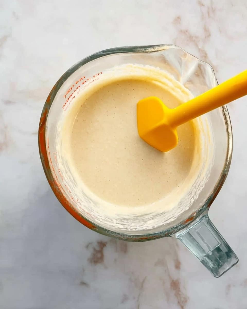 A clear glass measuring cup filled with a smooth, creamy, light beige batter. A bright yellow spatula is partially dipped and resting inside the batter, mixing it gently. The measuring cup sits on a white marbled surface with subtle gray veins. The cup's handle is visible at the bottom right of the image. photo taken with an iphone --ar 4:5 --v 7