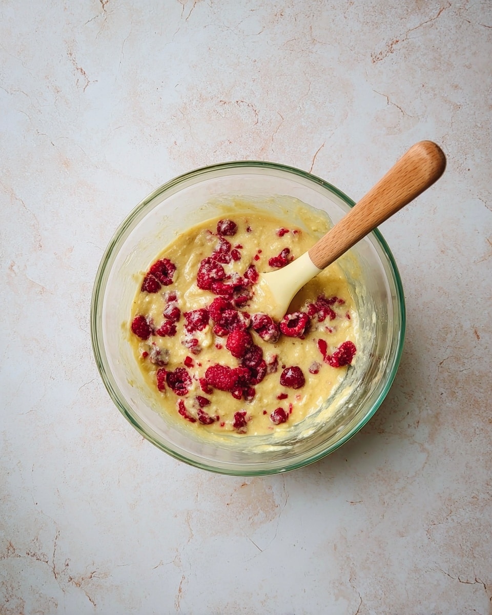 A clear glass bowl contains a thick, pale yellow batter mixed with bright red raspberries scattered throughout. Inside the bowl, a wooden spatula with a beige silicone head rests partially submerged in the batter. The bowl sits on a surface with a white marbled texture. Photo taken with an iphone --ar 4:5 --v 7