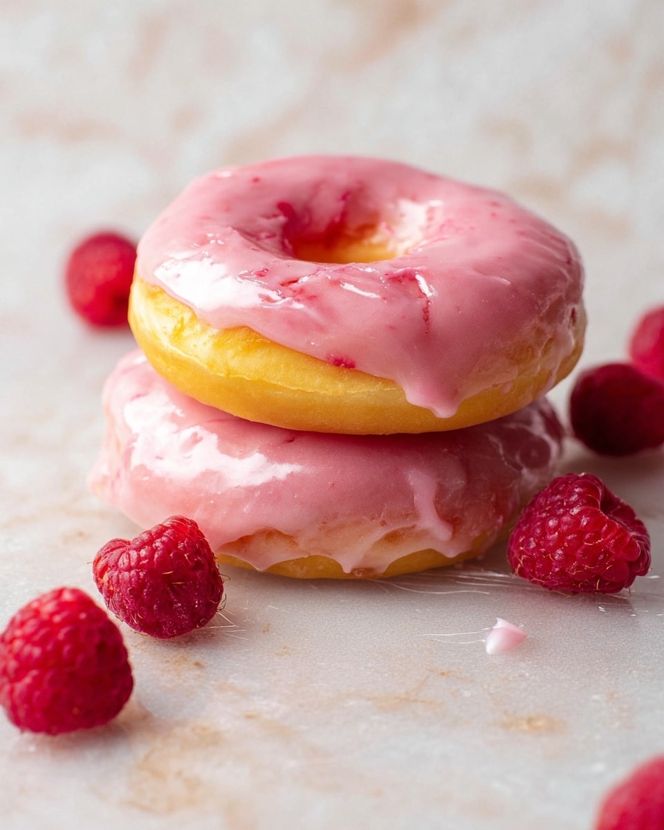 Two donuts are stacked on a light white marbled surface covered with a thin, clear sheet. The top donut is glazed with a thick, shiny pink icing that has small wrinkles and drips, showing a soft, golden-brown dough underneath. Scattered around the donuts, bright red raspberries add pops of color and a fresh look, with some parts blurred in the background to give depth. photo taken with an iphone --ar 4:5 --v 7