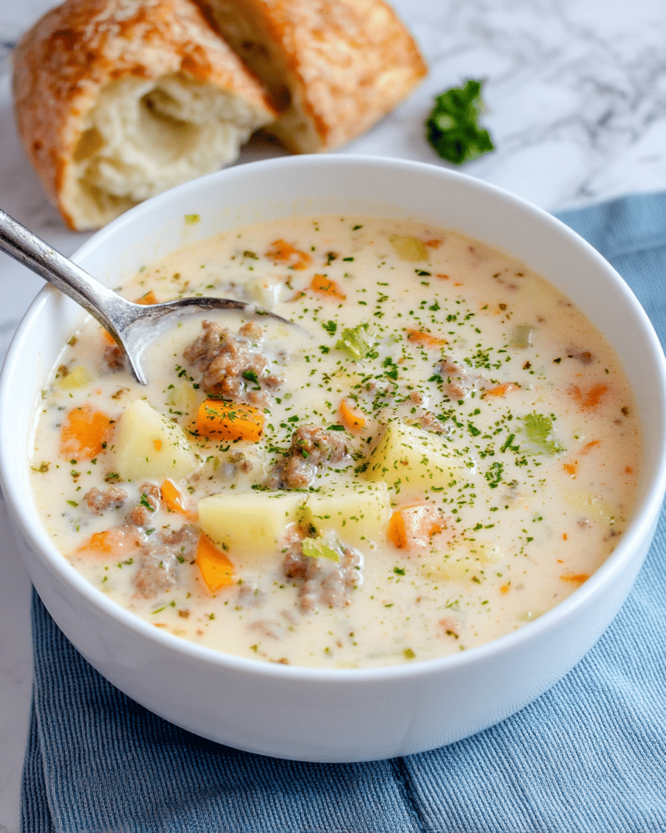 A white bowl filled with thick creamy soup showing three main layers: on top, light green parsley sprinkles scattered for garnish; the middle layer has chunky light yellow potato cubes and bright orange carrot pieces mixed with small brown bits of ground meat; the creamy base is pale beige with visible small green celery pieces and bits of onion or mushrooms adding texture; a silver spoon rests in the bowl, partially submerged with soup covering its surface, with pieces of potato and carrot visible on the spoon; in the top left corner, torn pieces of light golden crusty bread sit on a light blue cloth; the background is a white marbled surface photo taken with an iphone --ar 4:5 --v 7