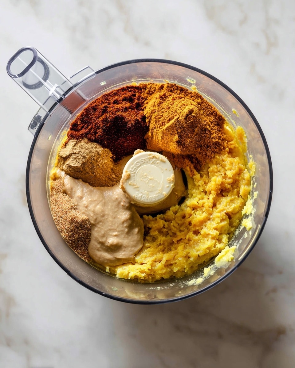 A clear food processor bowl sits on a white marbled surface filled with several layers of ingredients before blending. The bottom layer is a chunky yellow mashed mix covering most of the base. On the left side, there are two piles of powder: one is a dark reddish-brown spice, and next to it is a coarser light brown powder. On top of the mashed yellow layer near the center and bottom left side is a thick, smooth beige paste. The food processor blade is visible at the center, partially covered by the ingredients. Photo taken with an iphone --ar 4:5 --v 7