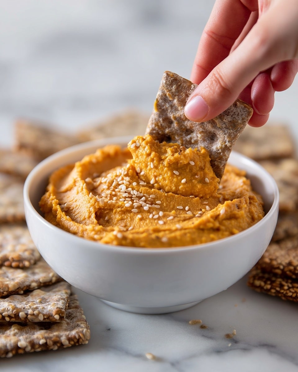 A close-up view of a white bowl filled with smooth orange hummus topped with scattered sesame seeds. A woman's hand is holding a rectangular multi-seed cracker, dipping it into the creamy hummus. In the background, there are more crackers arranged in a slightly blurred white marbled surface, creating a simple and clean look. photo taken with an iphone --ar 4:5 --v 7