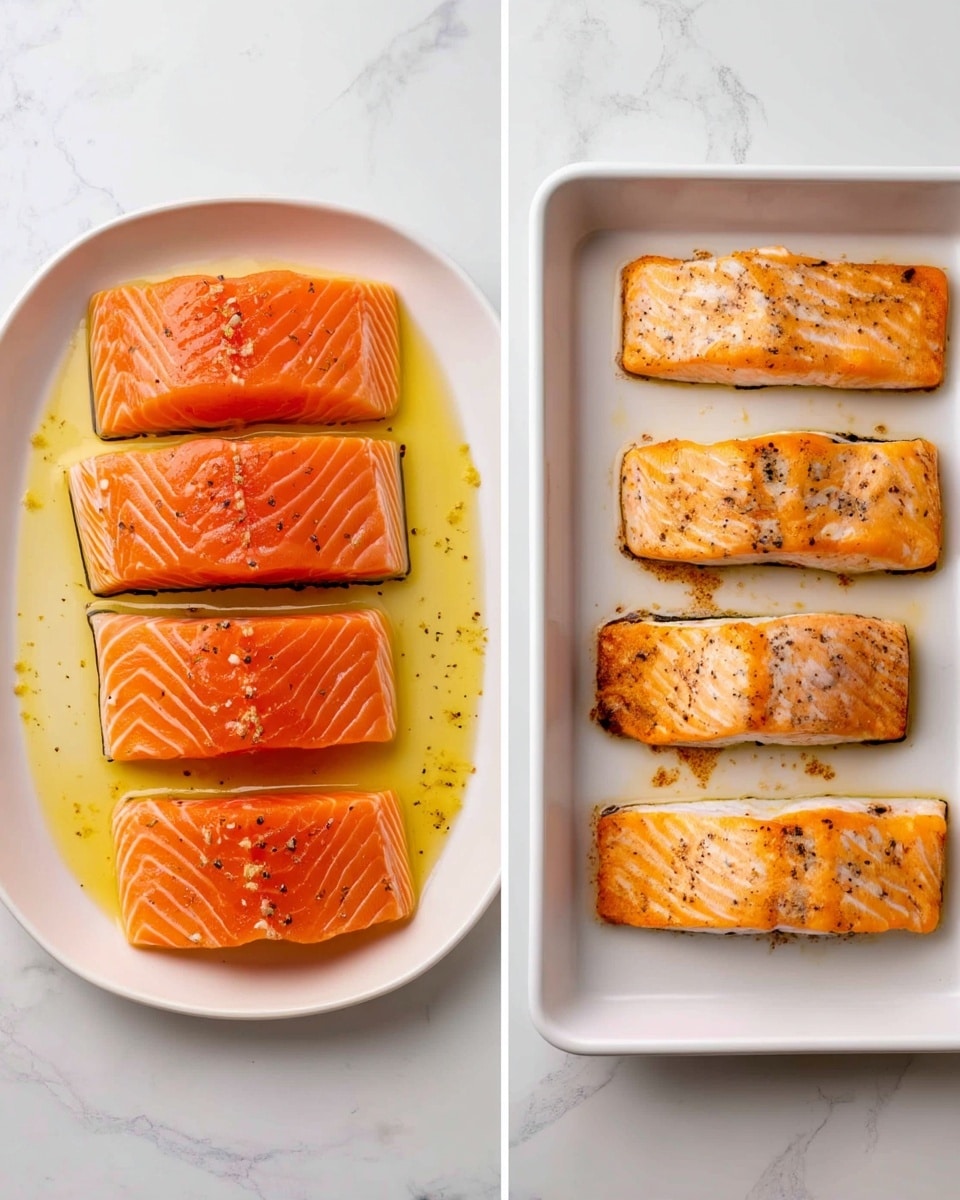 The image shows two side-by-side photos of salmon fillets on a white plate and inside a baking tray. On the left side, four raw salmon fillets lay flat with their orange-pink flesh showing wide white lines and skin underneath, sprinkled with black pepper and sitting in a pool of oil on the white plate. On the right side, four cooked salmon fillets rest in a white baking tray, showing a light orange color cooked through, with slight browning along the edges and pepper seasoning visible on top. The background is a white marbled texture in both images. photo taken with an iphone --ar 4:5 --v 7