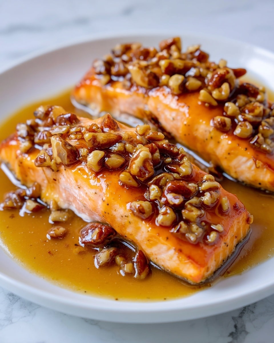 Two thick salmon fillets sit side by side on a white plate placed on a white marbled surface. Each fillet has a shiny, orange-pink color with a slightly crispy brown edge. On top of the fillets are small, uneven pieces of chopped nuts mixed in a glossy, amber-brown sauce that covers the surface and drips slightly onto the plate. The sauce has a smooth, rich texture that makes the nuts look moist and slightly sticky. photo taken with an iphone --ar 4:5 --v 7