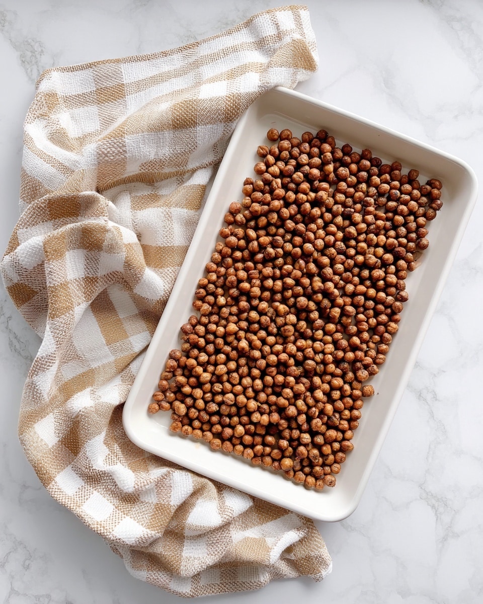 A white rectangular baking tray filled with a single layer of small, round, brown nuts spread evenly across the surface. Next to the tray on the left side lies a beige and white checkered cloth, adding texture to the scene. The tray is placed on a white marbled background that contrasts softly with the warm tones of the nuts and cloth. The overall look is simple and natural. Photo taken with an iphone --ar 4:5 --v 7