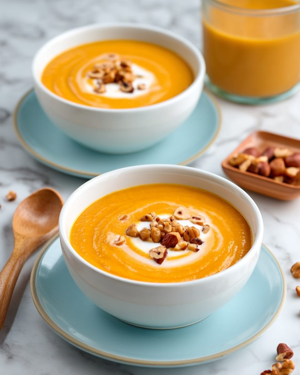 Two bowls of smooth, creamy yellow soup are placed on a white marbled surface. Each bowl has a swirl of white cream on top, with a line of chopped brown hazelnuts in the center. One bowl is white, and the other has a light tan color. Around the bowls, there are scattered whole hazelnuts, a wooden spoon on the left, a small white bowl filled with chopped hazelnuts on the right, coarse salt in a small wooden dish, and a black and white striped cloth on the bottom right. Photo taken with an iphone --ar 4:5 --v 7
