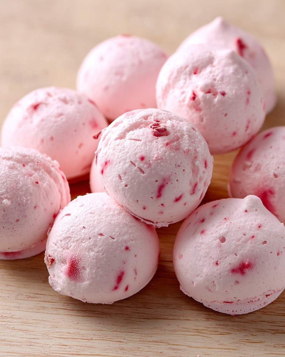 The image shows a group of round, pale pink meringue cookies scattered closely together on a light wooden surface. Each cookie has a smooth, slightly shiny texture with small uneven red spots and streaks inside, giving them a soft speckled look. The cookies have a light, airy appearance with gentle domed tops, and their edges are slightly rounded. The overall scene looks bright and neat with a soft focus on the details of the meringues. photo taken with an iphone --ar 4:5 --v 7